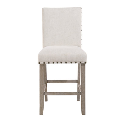 2 tabourets de bar blancs, siège en tissu gris, largeur de 18,38 po, sièges de salle à manger effaçables à garniture cloutée 2 pièces, tissu, 21,43 po de profondeur, sièges transitionnels