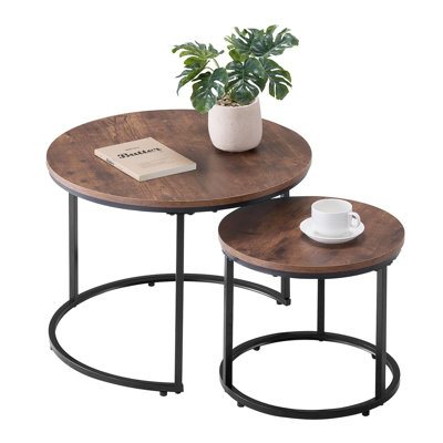 Ensemble de 2 tables basses gigognes, tables basses rondes de 23,6 po, tables gigognes pour petite place, tables de bout avec tables de bout et structure en métal, pour le salon, la chambre à coucher et le bureau (brun et noir rétro)