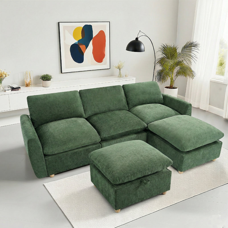 Canapé modulaire en chenille de 100 po avec deux repose-pieds, Chenille verte