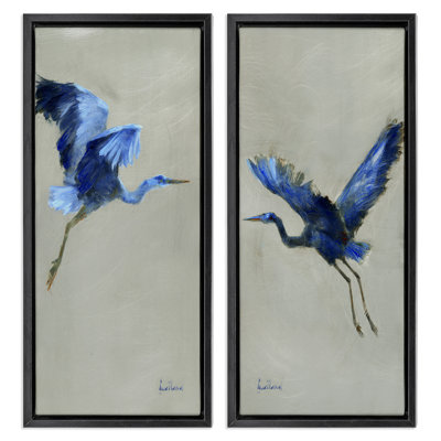 Expressive Flying Cranes Abstract Birds 2 Piece Framed Floater Canvas Set by Katie Swatland