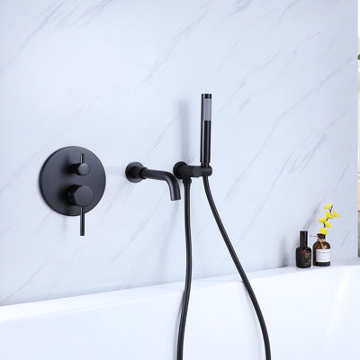 Matte Black Wall Mounted Faucet With 2 Handles For Tub And Shower - Brass, -Balanced Valve, Rust-, 59" Hose Hand Shower, Gpm, Nickel , Includes Mounting Nuts Bolts 2 Brass Construction, -Balanced,