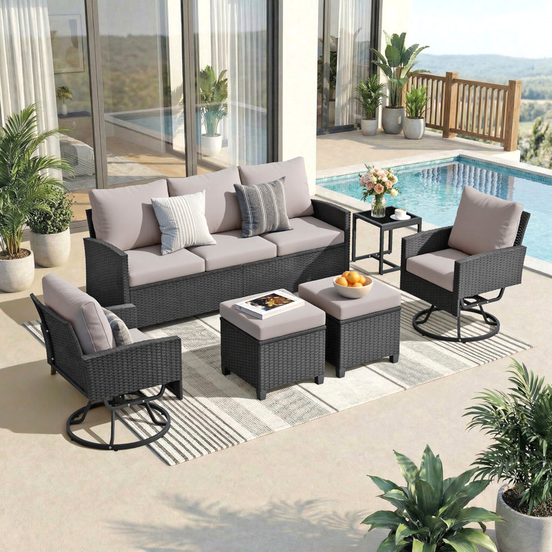 6-Piece Patio Wicker Conversation Set With 3-Seat Sofas, Swivel Rocking Chairs, And Ottomans,Backyard, Porch, Poolside, Gray