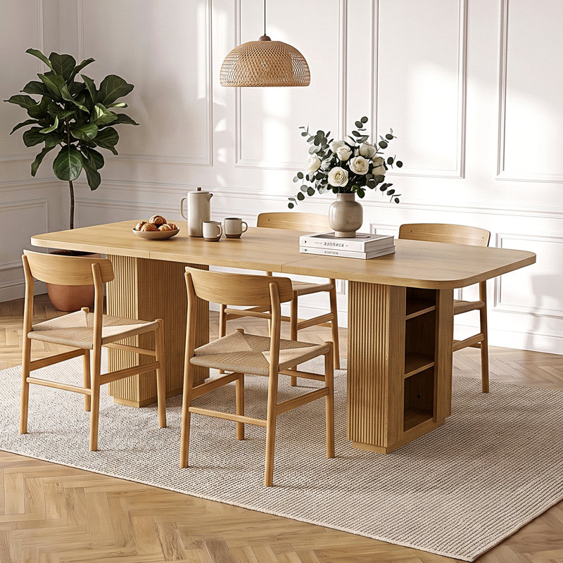 Table de salle à manger rectangulaire extensible 6 places, 180 cm (71 po), style moderne, avec pied central cannelé et rallonge papillon, plateau en MDF mélaminé et structure en fer, bois naturel.