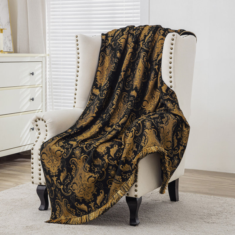 Jeté classique en damas pour canapé-lit, couverture décorative noire luxueuse 52 po x 72 po, Noir damassé