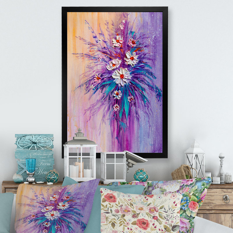 Vase de fleurs blanches et mauves - reproduction traditionnelle, H 12 po x l 8 po x P 1 po, Cadre photo noir