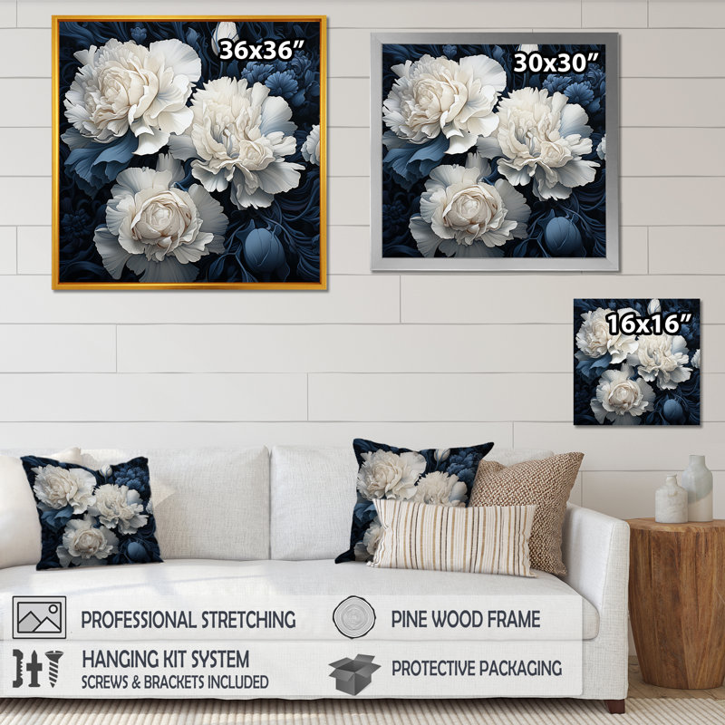 Oeillets blancs et bleus arrangement V - œillets, impressions sur toile, H 24 po x l 24 po x P 1 po, Cadre flottant doré