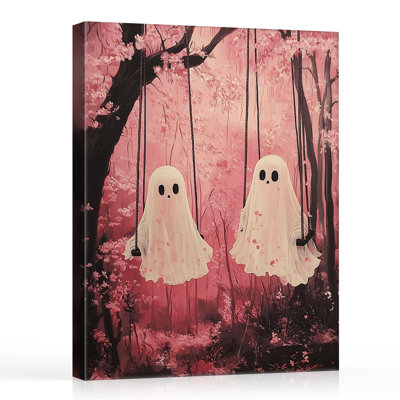 Tableau fantaisiste sur toile représentant un fantôme et une citrouille pour l'Halloween, idéal pour décorer un salon, une chambre ou pour une décoration saisonnière.