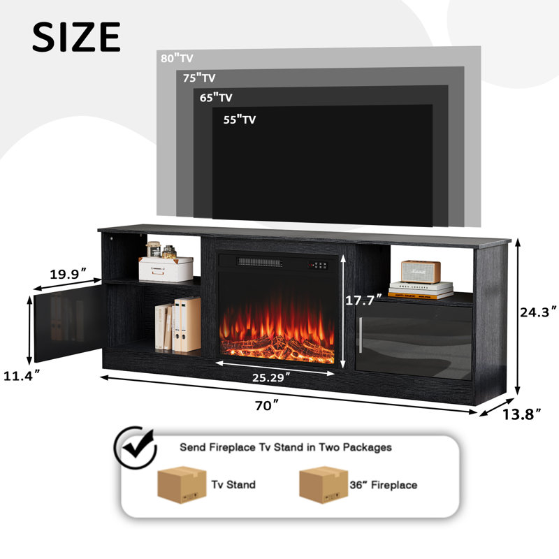 70" TV Stand with 23" Electric Fireplace, Black
