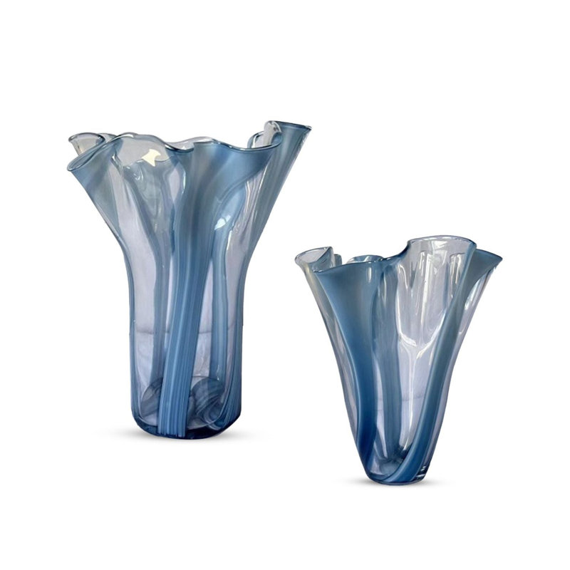 Jennabel Striped Handblown Glass Table Vase Set, 12" H x 9" D, Blue