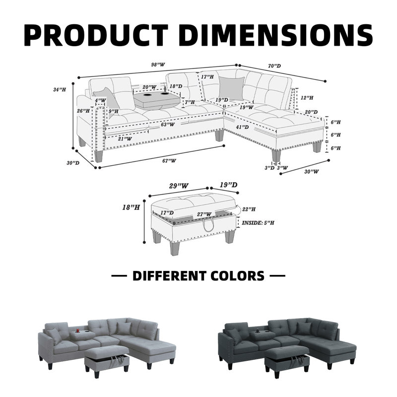 Ensemble de canapé modulaire en forme de L 3 pièces avec repose-pieds et porte-gobelets cachés, Gris anthracite