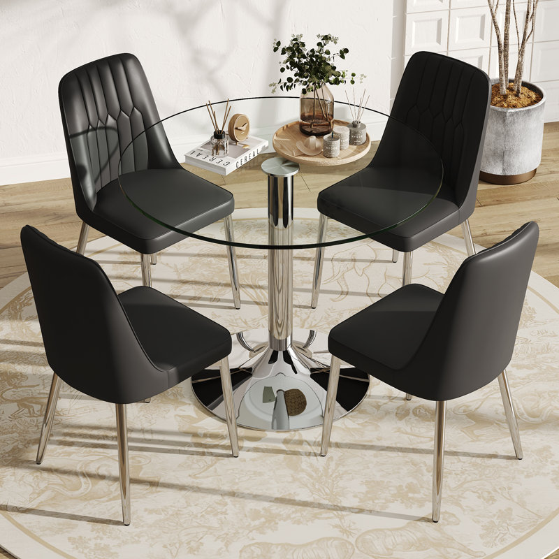 Modern Tempered Glass Round Dining Table Set With PU Leather Upholstered Dining Chairs, Black, 5 Pieces: Table, 4 Chairs