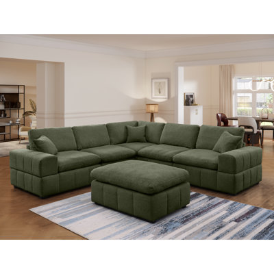 Upholstered 6-seater Chenille Modular Sofa With Oversized Movable Ottoman & Plush Cushions