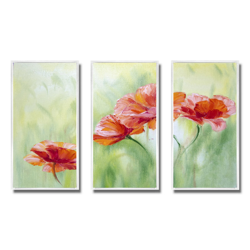 «Red Blossoming Poppies I», peinture sur toile 3 pièces, H 20 po x l 36 po, Blanc