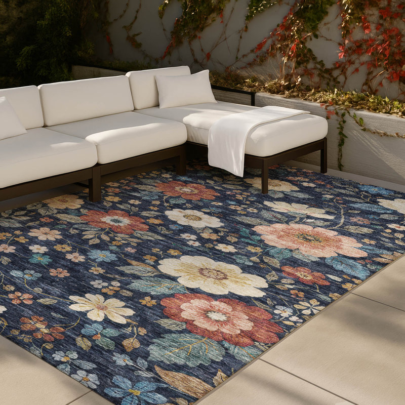Machine Washable Indoor/Outdoor Chantille ACN2872 Floral Rug, 5' x 7'6", Navy