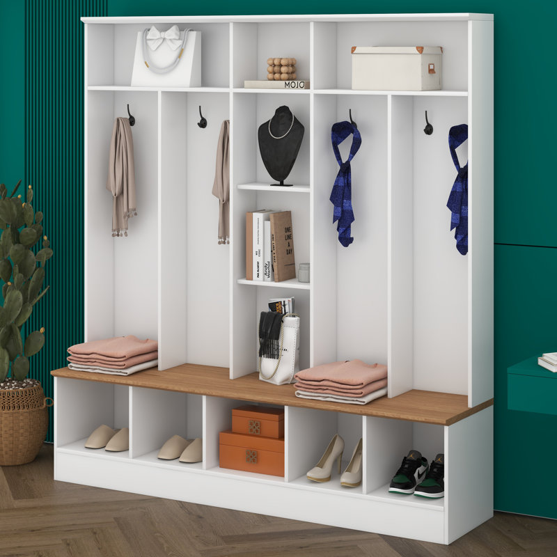4-In-1 Wide Design Hall Tree With Storage Bench, Minimalist Shoe Cabinet With Cube Storage & Shelves, Coat Rack With 8 Hooks