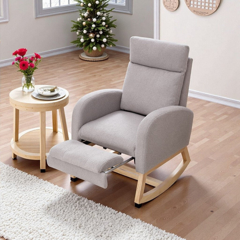 Chaise berçante à base en bois massif avec repose-pieds réglable et pochette de rangement, Gris
