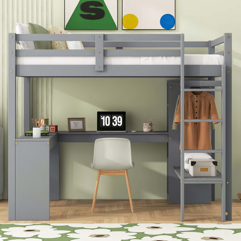 Lit mezzanine avec bureau en L, garde-robe et tablettes de rangement, Gris, Lit simple