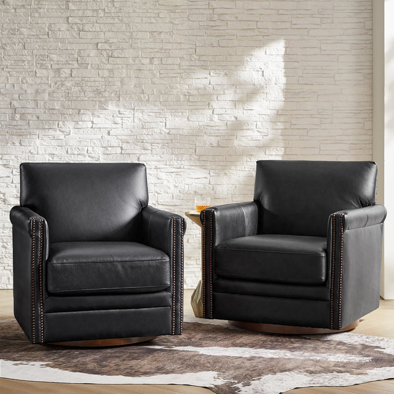 Dyal 29.5" Transitional Genuine Leather Swivel Chair With Solid Wood Base(Set Of 2), Black Genuine Leather
