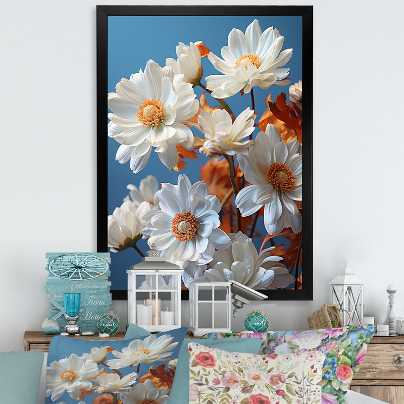 «White and Orange Daisy Floweret Delight», reproduction sur toile, Cadre simple noir, H 32 po x l 16 po x P 1 po