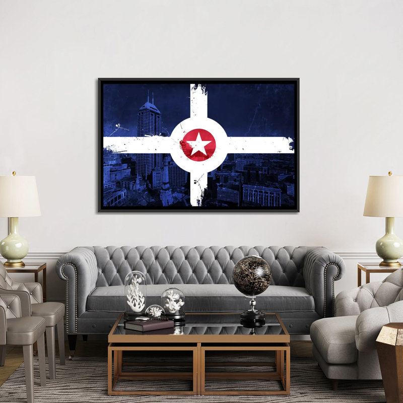 Indianapolis drapeau, city horizon, impression sur toile, H 18 po x l 26 po x P 1,5 po, Toile avec cadre noir, Pas de tapis