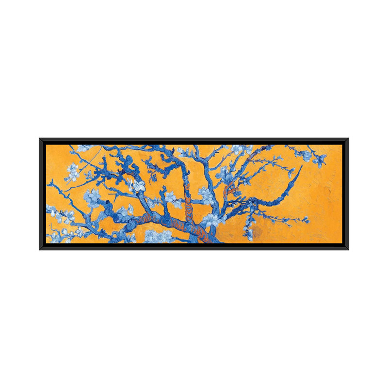 «Almond Blossom On Orange» par Vincent Van Gogh - Estampe numérique sur toile tendue avec châssis, Toile avec cadre noir