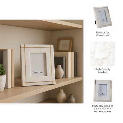 Rectangular Alabaster and Marble Picture Frame for Home Decor - Decorative Photo Frame for Entryway Tabletop Accent - White & Gold