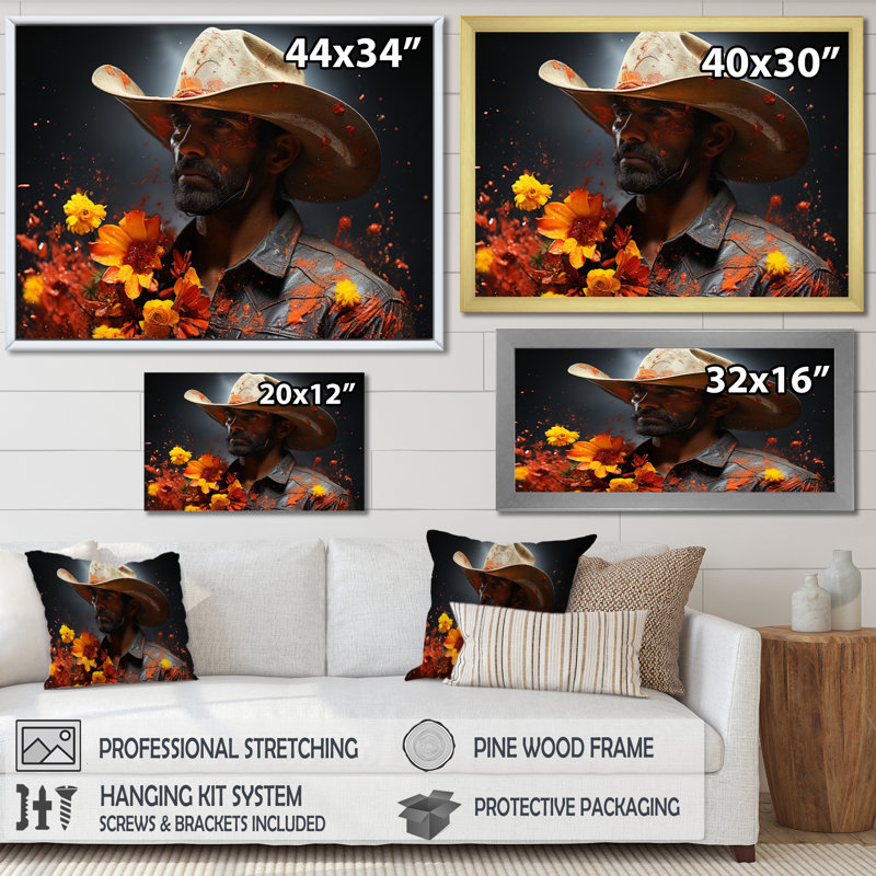 Western Cowboy Pointillism Portrait I, reproduction d'art sur toile, 30" H x 40" W, Toile tendue