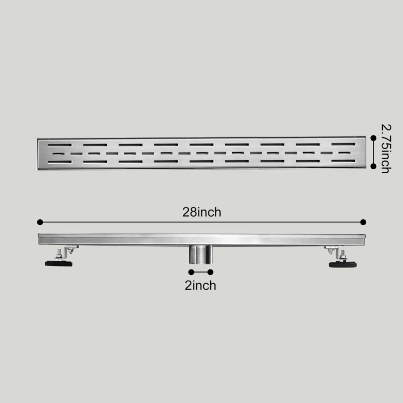 Drain de douche linéaire 28 "avec grille à motif bar, Nickel brossé