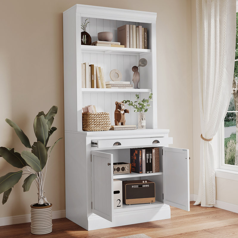 Bookshelf With LED Lighting, Modern Bookcase With 2 Doors And 1 Drawer, White