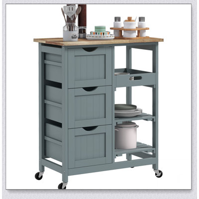 Rolling Kitchen Island Cart, Bar Serving Cart with Wood Top, Shelves & Drawers for Home Dining and Entertainment