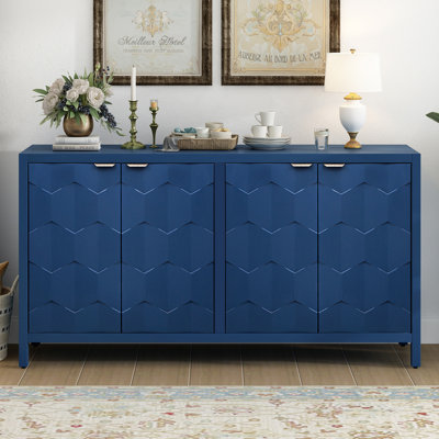 Luxueux buffet à quatre portes avec portes à motif en nid d'abeille, offrant beaucoup de rangement pour le bureau, l'entrée et le salon
