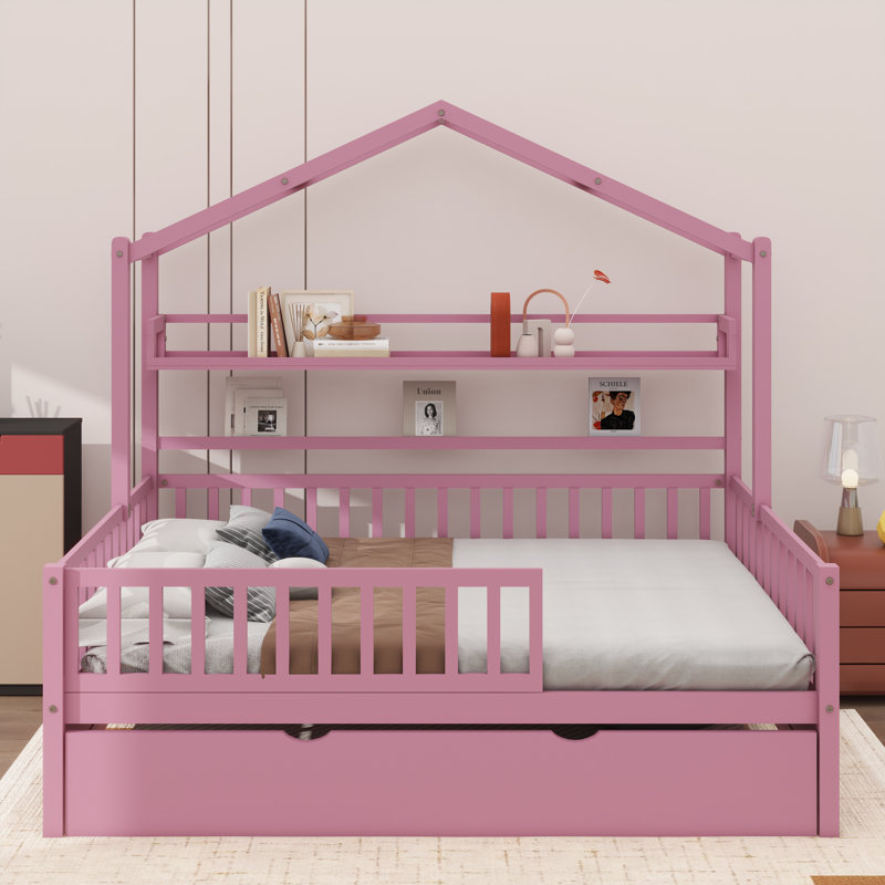 Lit maison avec lit gigogne et tablette, Lit simple, Rose