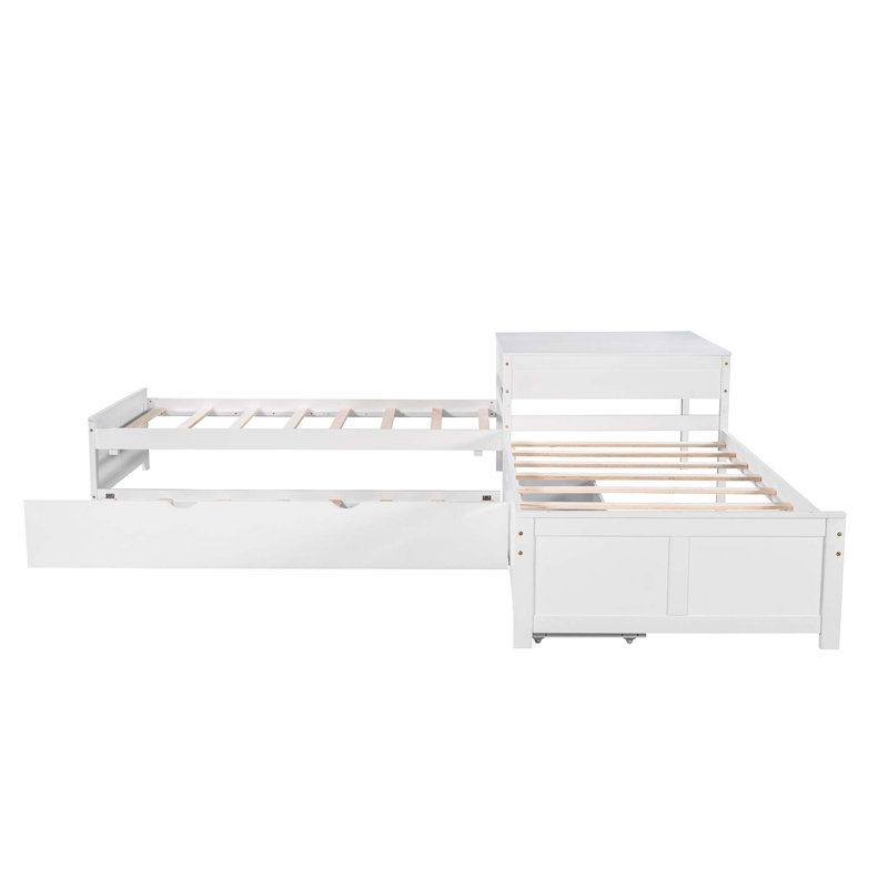 L-shaped Twin Platform Bed with Trundle, Drawers, and Built-in Desk for Space-Saving and Multi-Functional Use in White