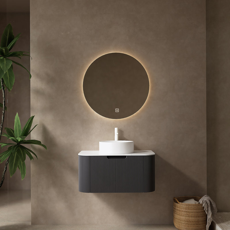 Meuble-lavabo de salle de bain 36 po avec lavabo, meuble-lavabo mural moderne à bords arrondis et courbes avec tiroir, lavabo rond en céramique blanc sans robinet, pré-assemblé, noir