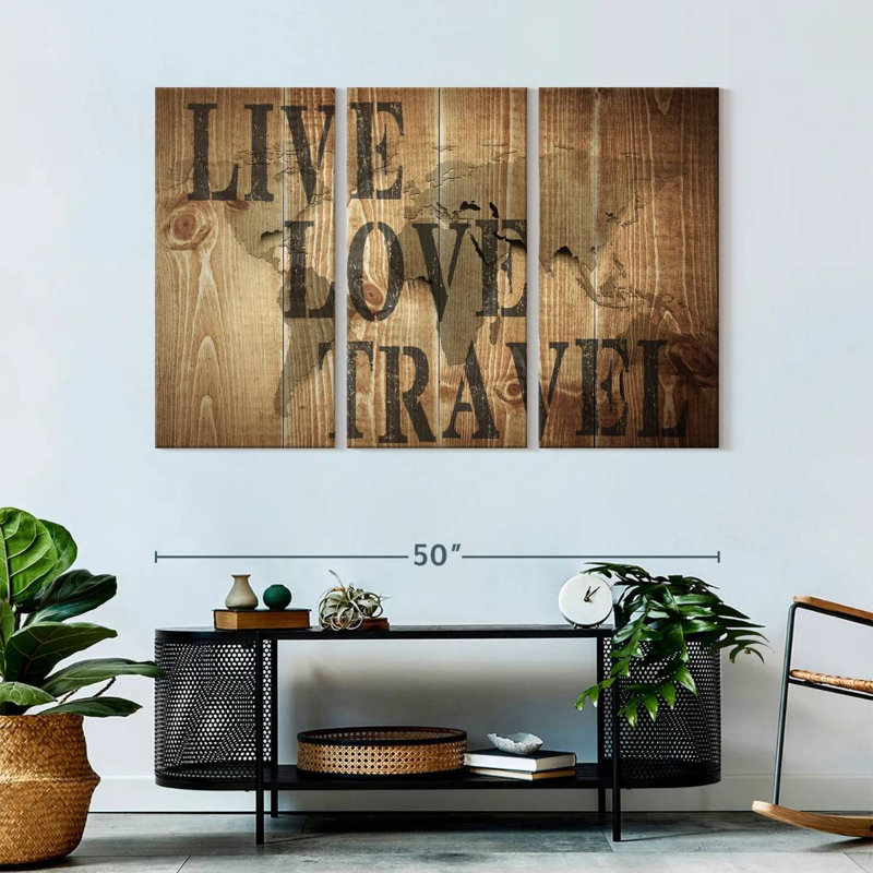 Carte de voyage sur toile Live Love, ensemble de 3 pièces, H 32 po x l 50 po x P 1,25 po