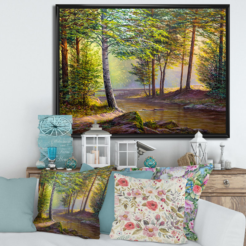 «Morning Sunlight Through The Awakening Fir Forest», peinture sur toile, H 12 po x l 20 po x p 1 po, Cadre flottant noir