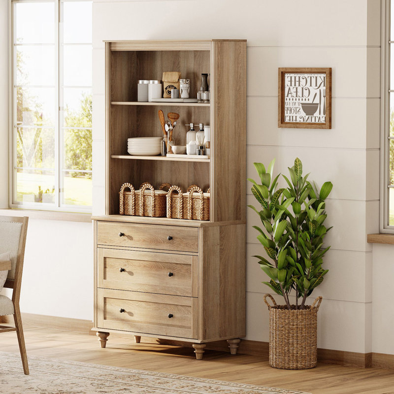 Armoire de cuisine de 72,1 po de hauteur avec 3 tiroirs et tablettes réglables, chêne