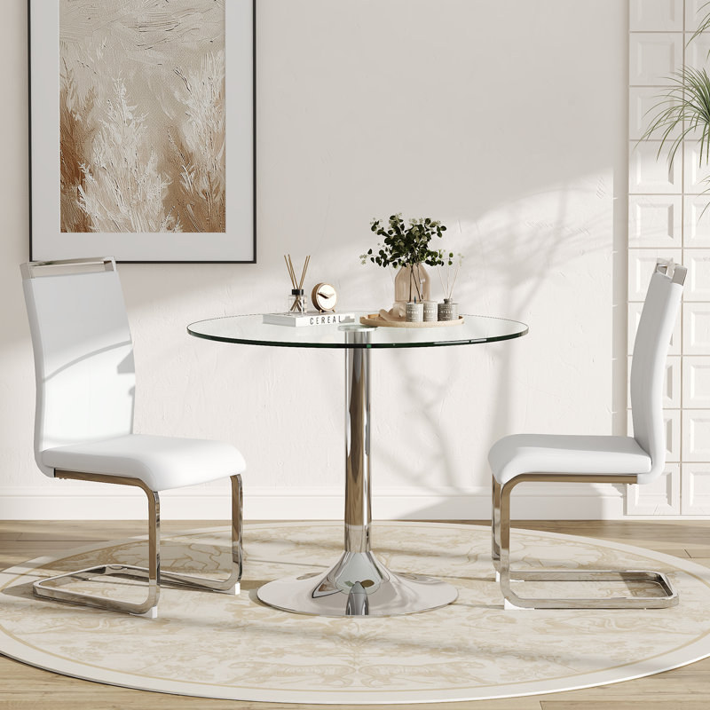 Ensemble de table de salle à manger moderne en verre trempé avec chaises rembourrées en similicuir, Blanc
