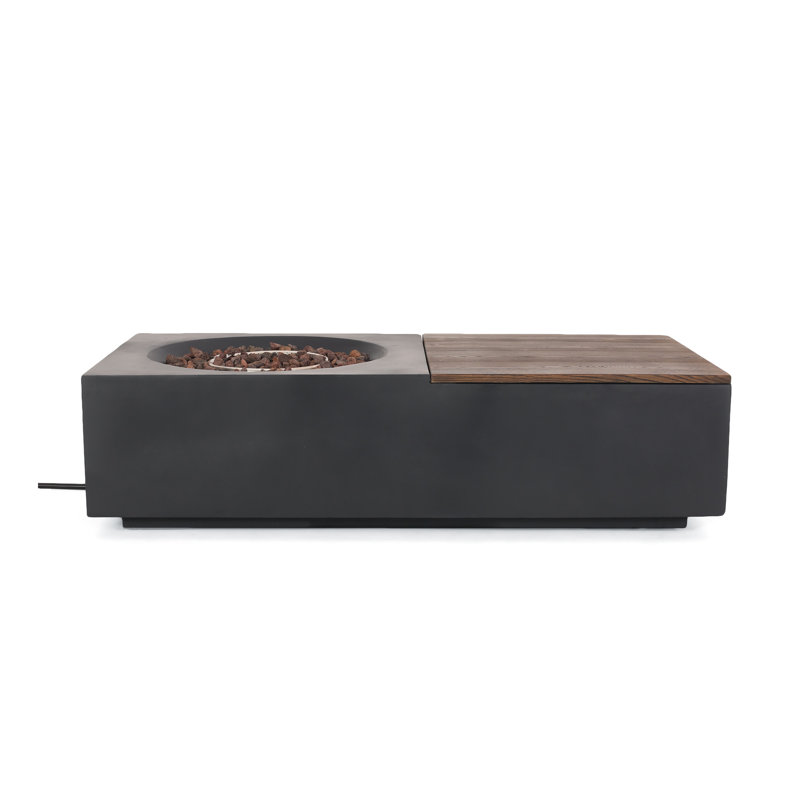 Outdoor 50,000 BTU Lightweight Concrete Rectangular Fire Pit Table with Storage, Dark Gray and Natural Brown  (Tank Cover not Included)