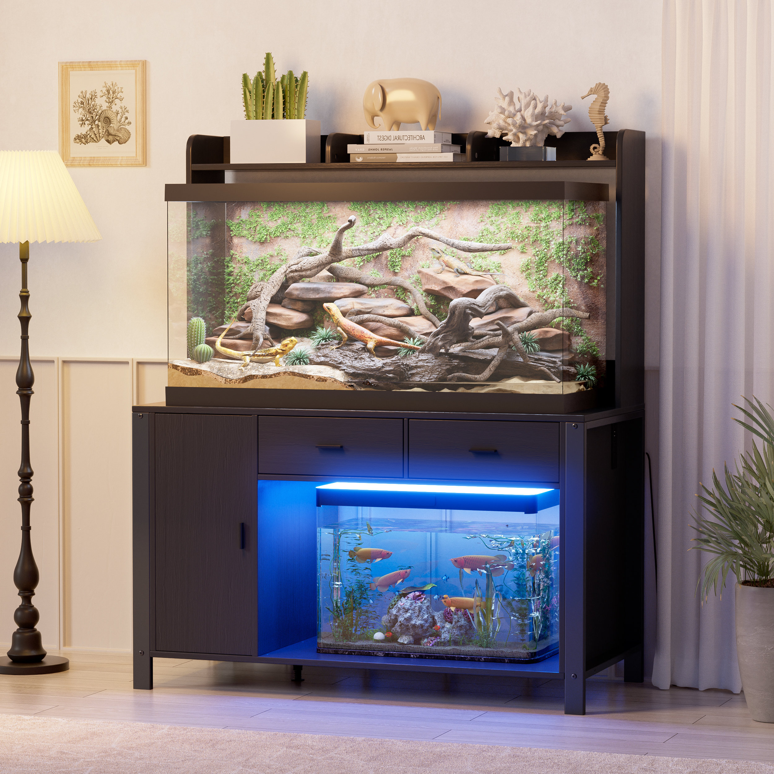 ElasignShopo Reptile Tank Stand With Led Lights Power Outlet