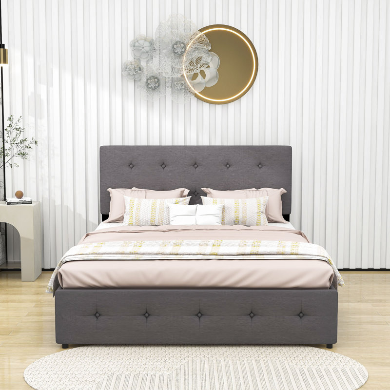 Upholstered Platform Storage Bed, Light Gray
