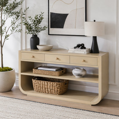 Console moderne avec 3 tiroirs à fermeture en douceur et 2 tablettes ouvertes