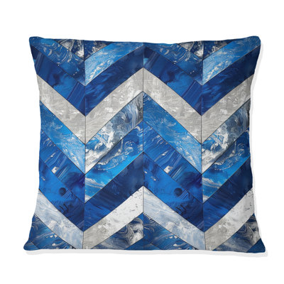 Coussin décoratif moderne à motif de chevrons bleu et argenté I