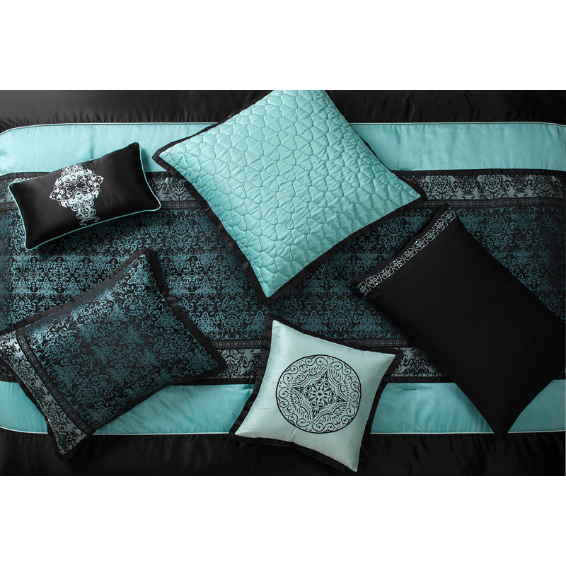 California King Aqua and Black Jacquard Comforter Set, 12 Pieces