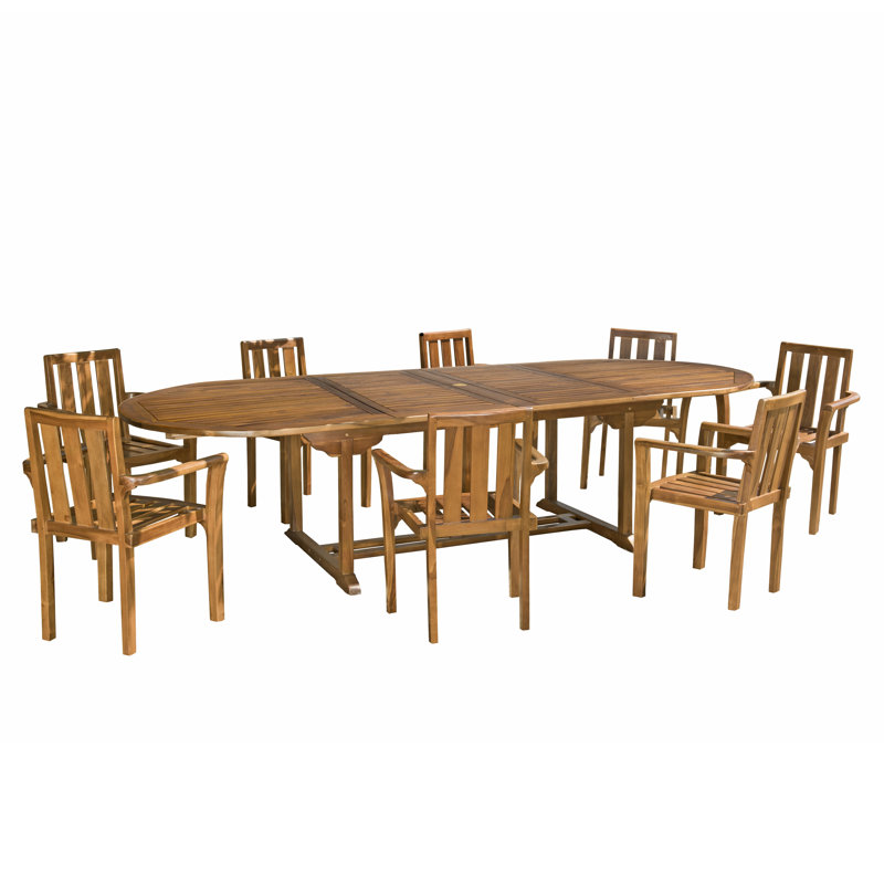 Legros Teak Solid Wood Patio Dining Set Extendable Oval Table, 75cm H x 200cm W x 120cm L
