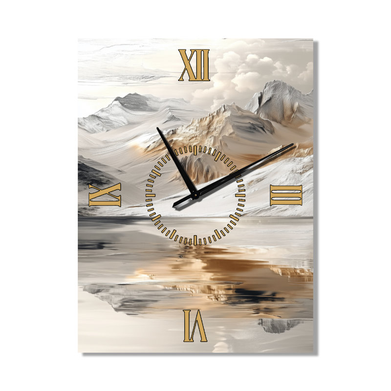 Reflets de la Montagne Dorée I - Horloge murale décorative Japandi, imprimée sur métal, H 32 po x l 24 po - Rectangle