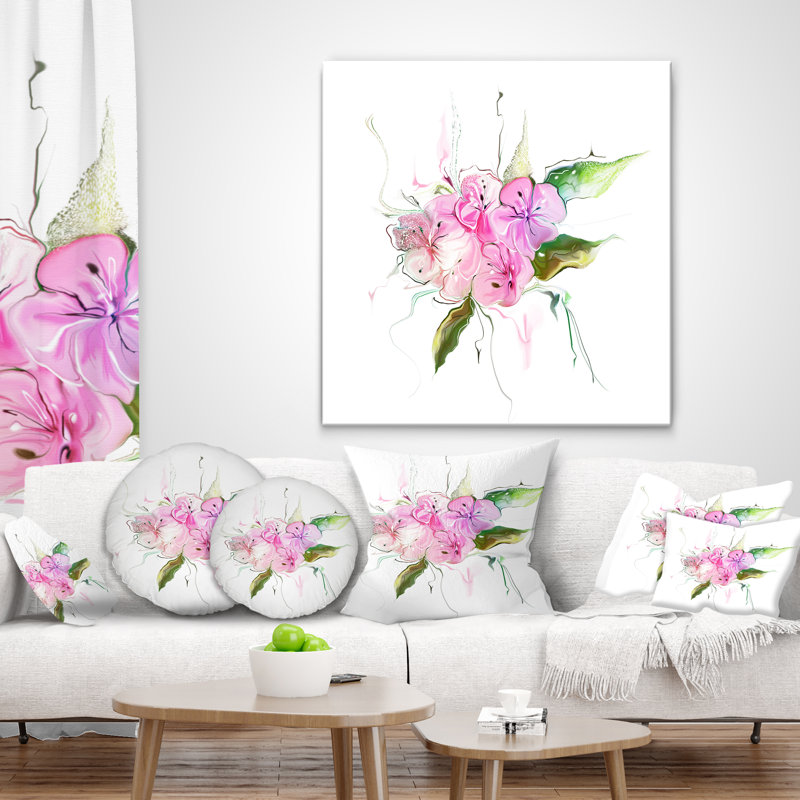 Coussin rose avec bouquet de pensées roses