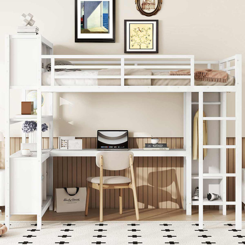 Lit mezzanine en métal avec garde-robe et bureau en L, lit mezzanine avec cubes de rangement pour enfants, adolescents, adultes