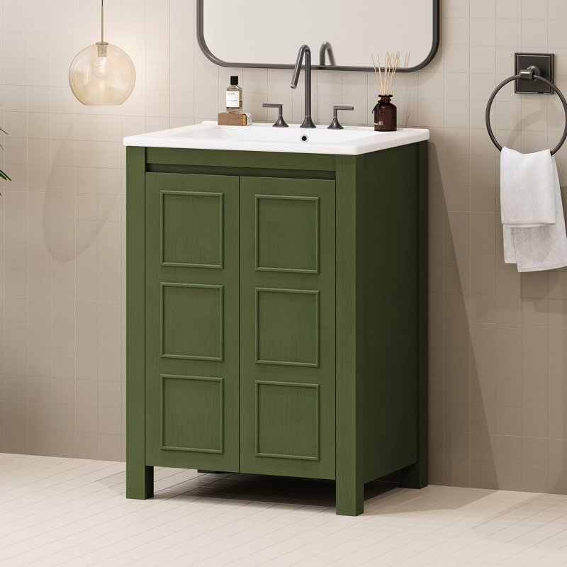 Meuble-lavabo 24 po avec lavabo rectangulaire en céramique, structure en bois massif, panneaux latéraux, cadre à fermeture en douceur
