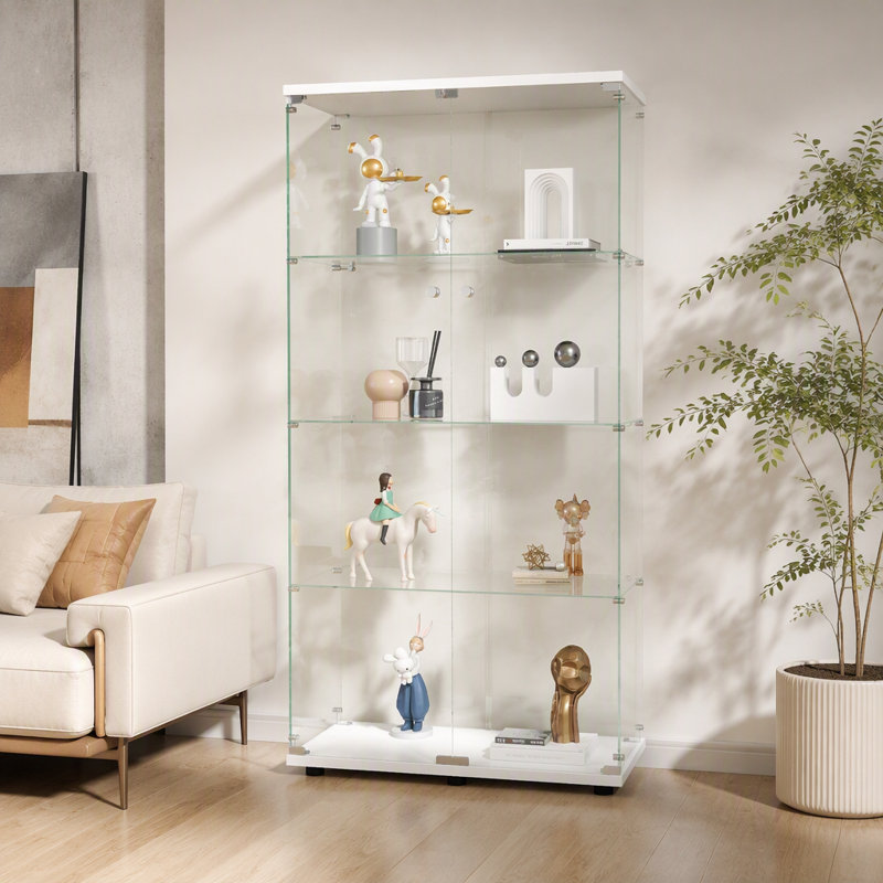 Two-Door Glass Display Cabinet 4 Shelves With Door, Floor Standing Curio Bookshelf For Living Room Bedroom Office, 64.7"*31.7"*14.3"